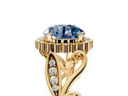 Halo Engagement Ring Setting for Fancy Blue Round Cut Center with Leaf Motif Split Shank and Prong Head in Yellow Gold