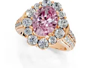 Large Accent Halo Engagement Ring Setting for Fancy Pink Oval Center with Pave Split Shank and Prong Head in Rose Gold