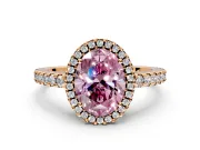 Accent Halo Engagement Ring Setting for Fancy Pink Oval Center with Full-Length Pave Band and Prong Head in Rose Gold