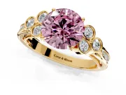 Cluster Engagement Ring Setting for Fancy Pink Round Cut Center with Bezel Accent Clusters and Prong Head in Yellow Gold
