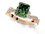 Solitaire Engagement Ring Setting for Fancy Green Radiant Cut Center with Bar-Station Pave Twist and Prong Head in Rose Gold