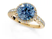 Halo Engagement Ring Setting for Fancy Blue Round Cut Center with Full Pave Band and Prong Head in Yellow Gold
