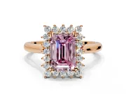 Starburst Halo Engagement Ring Setting for Fancy Pink Emerald Cut Center with Thin Round-Wire Band and Prong Head in Rose Gold