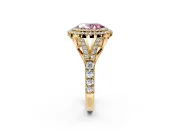Double Halo Engagement Ring Setting for Fancy Pink Oval Center with Narrow Pave Split Shank and Prong Head in Yellow Gold