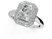 Halo Engagement Ring Setting for Radiant Cut Center with Plain Tapered Band and Prong Head in Platinum