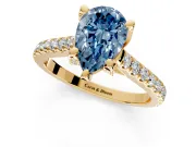 Solitaire Engagement Ring Setting for Fancy Blue Pear-Shaped Center with Widening Pave Band and Claw Prong Head in Yellow Gold