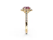 Halo Engagement Ring Setting for Fancy Pink Round Cut Center with Raised Halo, Pave Band and Prong Head in Yellow Gold