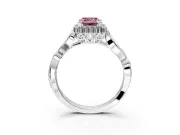 Halo Engagement Ring Setting for Fancy Pink Emerald Cut Center with Leaf Motif Split Shank and Prong Head in Sterling Silver