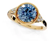 Cluster Engagement Ring Setting for Fancy Blue Round Cut Center with Milgrain Shoulder Clusters and Prong Head in Yellow Gold