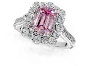 Milgrain Halo Engagement Ring Setting for Fancy Pink Emerald Cut Center with Bezel Point Accents and Prong Head in White Gold