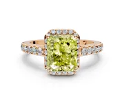 Halo Engagement Ring Setting for Fancy Yellow Radiant Cut Center with Full Pave Band and Prong Head in Rose Gold
