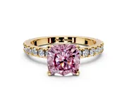 Solitaire Engagement Ring Setting for Fancy Pink Cushion Cut Center with Fine Pave Band and Claw Prong Head in Yellow Gold