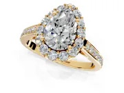 Floral Halo Engagement Ring Setting for Pear-Shaped Center with Large Halo Accents and Prong Head in Yellow Gold