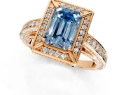 Halo Engagement Ring Setting for Fancy Blue Emerald Cut Center with Framed Halo, Pave Band and Prong Head in Rose Gold