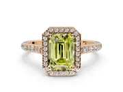 Halo Engagement Ring Setting for Fancy Yellow Emerald Cut Center with Pave Accents, Heart Basket and Prong Head in Rose Gold