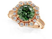 Milgrain Halo Engagement Ring Setting for Fancy Green Round Cut Center with Bezel Point Accents and Prong Head in Rose Gold