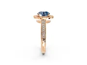 Milgrain Halo Engagement Ring Setting for Fancy Blue Round Cut Center with Three-Sided Pave Band and Prong Head in Rose Gold