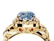 Halo Engagement Ring Setting for Fancy Blue Cushion Cut Center with Open Scroll Shoulders and Prong Head in Yellow Gold