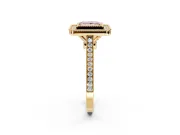 Halo Engagement Ring Setting for Fancy Pink Princess Cut Center with Milgrain Frame, Pave Band and Prong Head in Yellow Gold