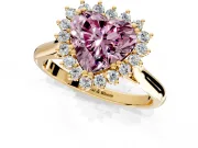 Starburst Halo Engagement Ring Setting for Fancy Pink Heart-Shaped Center with Thin Round-Wire Band and Prong Head in Yellow Gold