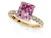 Solitaire Engagement Ring Setting for Fancy Pink Radiant Cut Center with Shared-Prong Accents and Prong Head in Yellow Gold