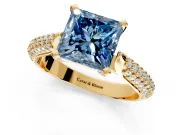Solitaire Engagement Ring Setting for Fancy Blue Princess Cut Center with Multi-Row Accents and Prong Head in Yellow Gold