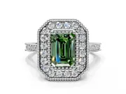 Halo Engagement Ring Setting for Fancy Green Emerald Cut Center with Milgrain Frame, Pave Band and Prong Head in Sterling Silver