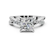Solitaire Engagement Ring Setting for Princess Cut Center with Half-Pave Crossover Band and Prong Head in Platinum