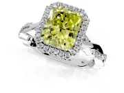 Halo Engagement Ring Setting for Fancy Yellow Radiant Cut Center with Pave and Plain Twist Band and Prong Head in Sterling Silver