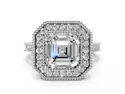 Halo Engagement Ring Setting for Asscher Cut Center with Milgrain Frame, Pave Band and Prong Head in Platinum