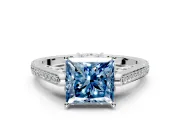 Cathedral Engagement Ring Setting for Fancy Blue Princess Cut Center with Antique-Style Pave Band and Prong Head in Platinum