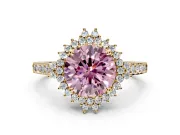 Sunburst Halo Engagement Ring Setting for Fancy Pink Round Cut Center with Pave Band and Prong Head in Yellow Gold