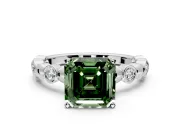 Solitaire Engagement Ring Setting for Fancy Green Asscher Cut Center with Beaded Bezel Station Band and Prong Head in White Gold