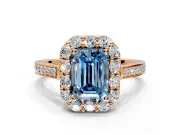 Floral Halo Engagement Ring Setting for Fancy Blue Emerald Cut Center with Large Halo Accents and Prong Head in Rose Gold