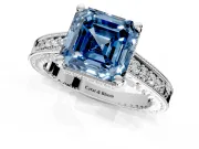 Engraved Engagement Ring Setting for Fancy Blue Asscher Cut Center with Milgrain Pave Band and Prong Head in Platinum