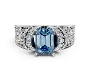 Pave Engagement Ring Setting for Fancy Blue Emerald Cut Center with Curved Accent Rows, Openwork and Prong Head in Platinum