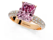 Solitaire Engagement Ring Setting for Fancy Pink Radiant Cut Center with Domed Multi-Row Pave Band and Prong Head in Rose Gold