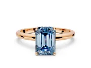 Hidden Halo Engagement Ring Setting for Fancy Blue Emerald Cut Center with Thin Round-Wire Band and Prong Head in Rose Gold