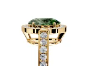 Bezel-Framed Halo Engagement Ring Setting for Fancy Green Oval Center with Pave Band and Prong Head in Yellow Gold