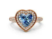 Milgrain Halo Engagement Ring Setting for Fancy Blue Heart-Shaped Center with Three-Sided Pave Band and Prong Head in Rose Gold