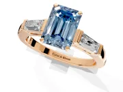 3 Stone Engagement Ring Setting for Fancy Blue Emerald Cut Center with Tapered Baguettes, Plain Band and Prong Head in Rose Gold