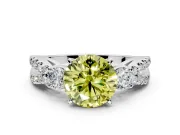 3 Stone Engagement Ring Setting for Fancy Yellow Round Cut Center with Pave Split Shank and Prong Head in White Gold
