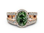Halo Engagement Ring Setting for Fancy Green Oval Center with Wide-Open Pave Split Shank and Prong Head in Rose Gold
