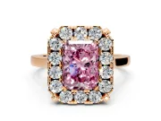 Single Halo Engagement Ring Setting for Fancy Pink Radiant Cut Center with Corner Claws, Plain Band and Prong Head in Rose Gold