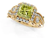 Milgrain Halo Engagement Ring Setting for Fancy Yellow Princess Cut Center with Shoulder Bezels and Prong Head in Yellow Gold