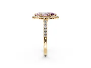 Halo Engagement Ring Setting for Fancy Pink Marquise Center with Narrowing Pave Band and Prong Head in Yellow Gold