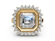 Halo Engagement Ring Setting for Asscher Cut Center with Milgrain Bezel Rim, Plain Band and Prong Head in Yellow Gold