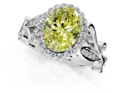 Halo Engagement Ring Setting for Fancy Yellow Oval Center with Leaf Motif Split Shank and Prong Head in White Gold