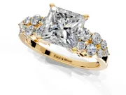 Cluster Engagement Ring Setting for Princess Cut Center with 2-Row Shoulder Clusters and Prong Head in Yellow Gold