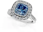 Halo Engagement Ring Setting for Fancy Blue Cushion Cut Center with Milgrain Frame, Pave Band and Prong Head in Platinum
